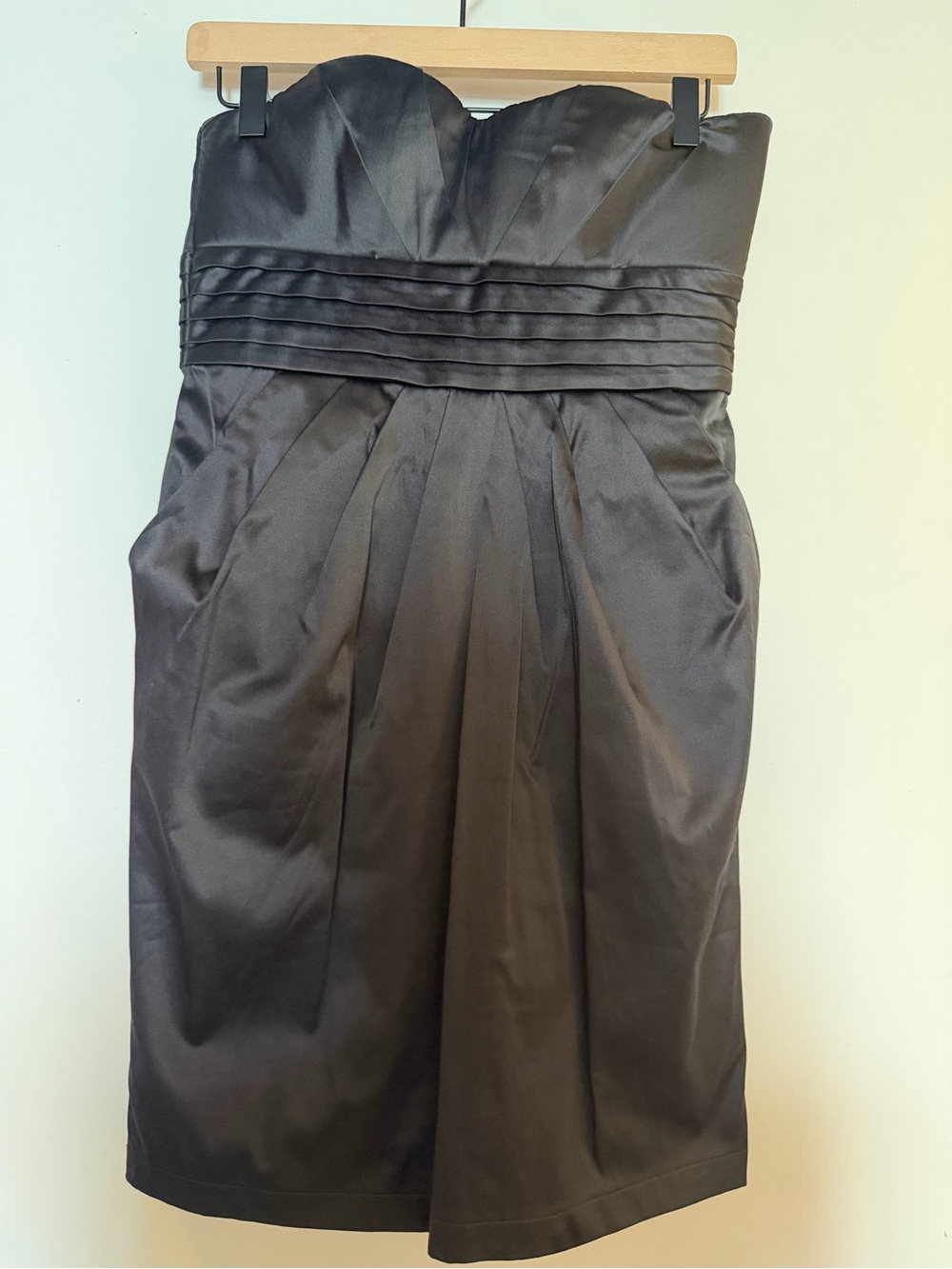 bebe Strapless Black Satin Pleated Waist Cocktail Dress